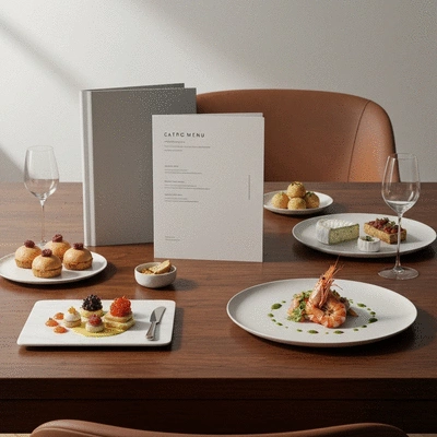 Elegant catering menu with various food options on a table