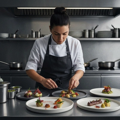Chef preparing elegant dishes in a professional kitchen