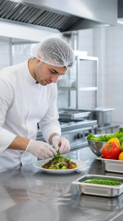 Professional kitchen with a chef preparing food, emphasizing hygiene