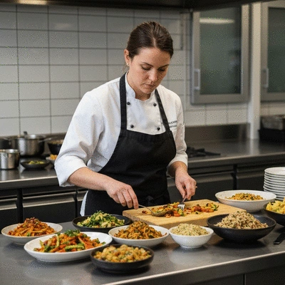 Chef preparing diverse dishes for a buffet, including vegetarian and allergen-free options, in a professional kitchen, no text, no words, no typography, clean image