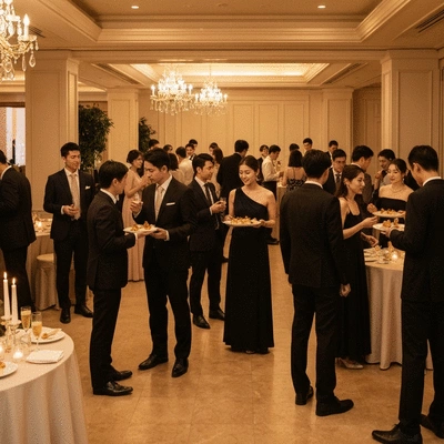 Elegant wedding cocktail reception with small bites and drinks