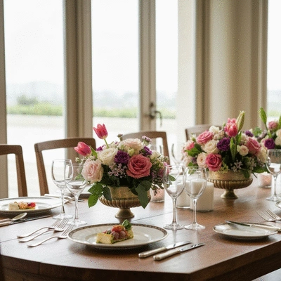 Elegant wedding table setting with gourmet dishes, no text, no words, no typography, 8K