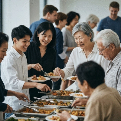 People enjoying a lively buffet event, interacting and serving themselves