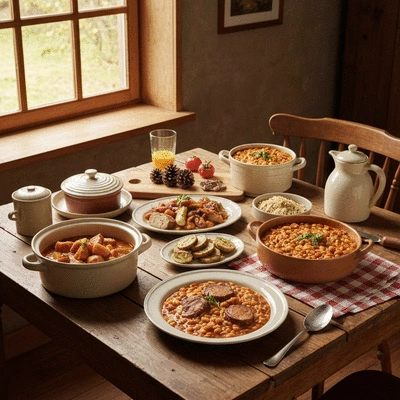 Assortment of traditional French winter dishes on a rustic wooden table, cozy atmosphere, no text, no words, no typography, 8K
