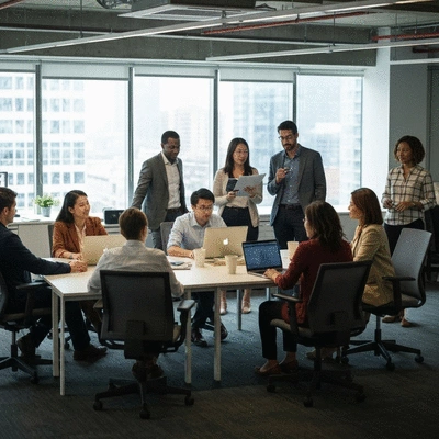 Diverse group of business professionals enjoying a catered meal at a corporate event, elegant setup