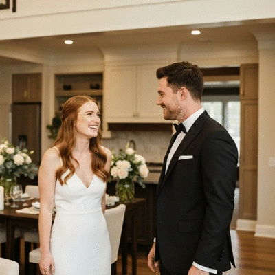 Happy couple enjoying a beautifully catered wedding reception at home, no text, no words, no typography, 8K