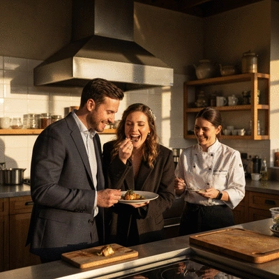 Couple happily tasting food with a caterer in a professional kitchen, winter wedding theme, no text, no words, no typography, 8K