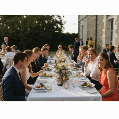 Wedding guests enjoying a beautifully presented meal at an outdoor reception in Besançon, France