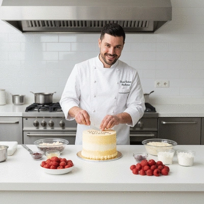 Chef preparing a personalized birthday cake with various ingredients on a clean kitchen counter, no text, no words, no typography, 8K