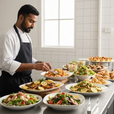 Chef traiteur préparant un buffet élégant pour un événement