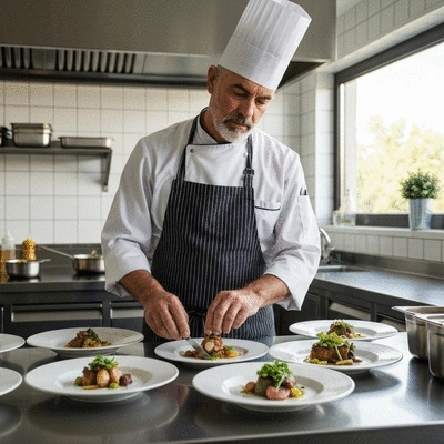 Chef traiteur préparant des plats raffinés dans une cuisine moderne