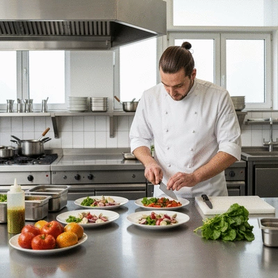 Chef cuisinier préparant des plats avec des ingrédients frais et locaux dans une cuisine professionnelle, ambiance lumineuse et propre, no text, no words, no typography, 8K