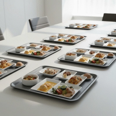 Plateaux repas individuels élégants sur une table de conférence