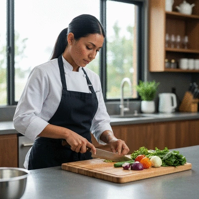 Chef cuisinier préparant un plat avec des légumes frais de saison sur une planche à découper en bois dans une cuisine professionnelle, lumière naturelle, pas de texte, pas de mots, pas de typographie, clean image