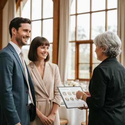 Couple souriant discutant avec un traiteur lors d'un événement, no text, no words, no typography, 8K, high resolution