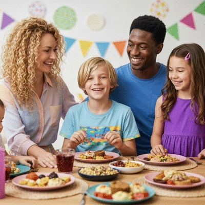 Happy family celebrating birthday with a selection of diverse, allergy-friendly dishes