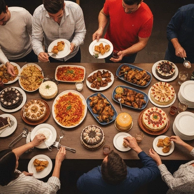 Vue aérienne d'un buffet d'anniversaire convivial avec une variété de plats et des invités interagissant