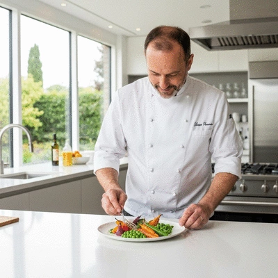 Chef preparing a beautiful vegan dish in a professional kitchen