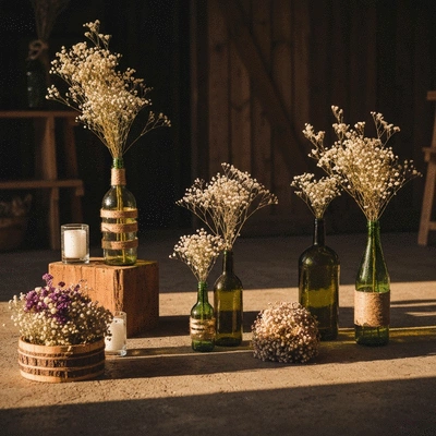 Beautiful eco-friendly wedding decorations made from recycled materials in a rustic setting