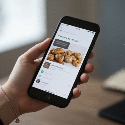 Un smartphone affichant les résultats de recherche Google pour un traiteur à Besançon