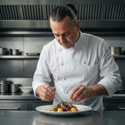 Chef preparing gourmet dishes in a professional kitchen