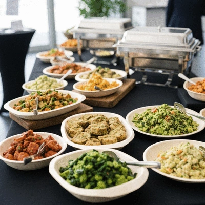 Plats frais et locaux présentés de manière appétissante sur une table de buffet pour un événement d'entreprise à Besançon