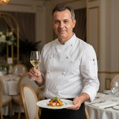 Traiteur presenting an elegant dish with wine pairing