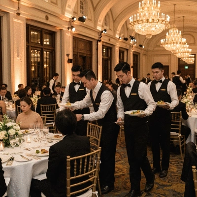 Professional waitstaff serving food at a formal event, elegant setting, no text, no words, no typography, no labels, clean image