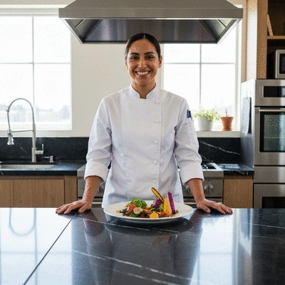 Chef traiteur présentant un plat créatif avec des ingrédients frais dans une cuisine moderne