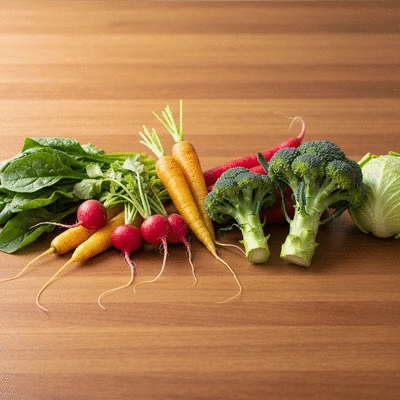 Assortiment de légumes frais et colorés sur une table en bois, prêts à être cuisinés, ambiance naturelle, no text, no words, no typography, clean image