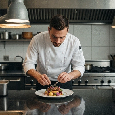Chef preparing a gourmet dish in a professional kitchen