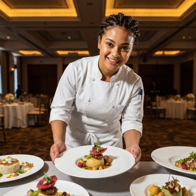 Un chef traiteur souriant présentant un plat magnifiquement dressé lors d'un événement d'anniversaire élégant