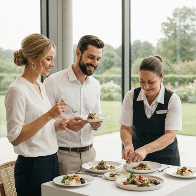 Couple dégustant un menu de mariage avec un traiteur, dans un cadre élégant