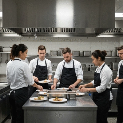 Chef and waitstaff collaborating in a professional kitchen, preparing for an event, focus on teamwork and precision, no text, no words, no typography, no labels, clean image