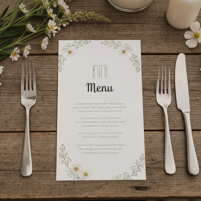 A beautifully arranged wedding menu card with rustic and bohemian elements, surrounded by delicate flowers and cutlery, on a wooden table, no text, no words, no typography, 8K, clean image