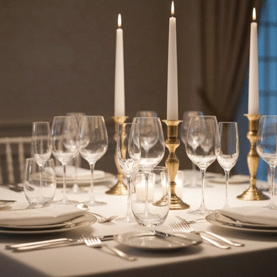 Wedding table setting with wine glasses and champagne flutes