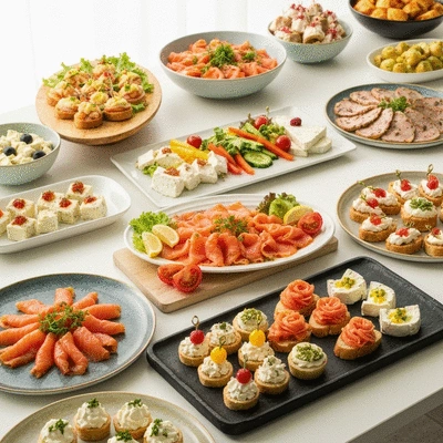Elegant buffet spread with various cold dishes and appetizers