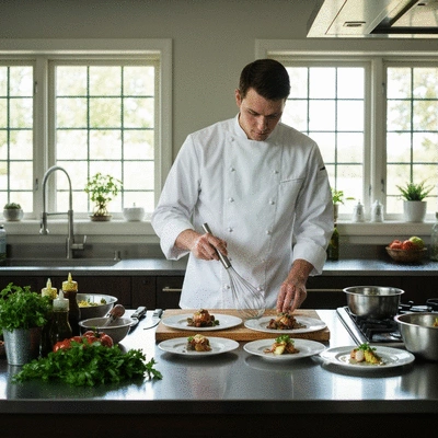 Chef preparing gourmet dishes in a home kitchen for a private event