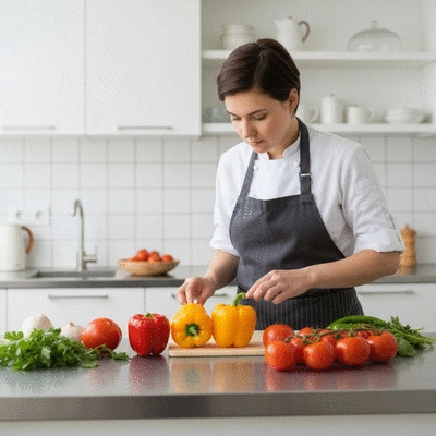 Chef arranging fresh, seasonal ingredients on a clean kitchen counter for a seminar catering event, natural lighting, no text, no words, no typography