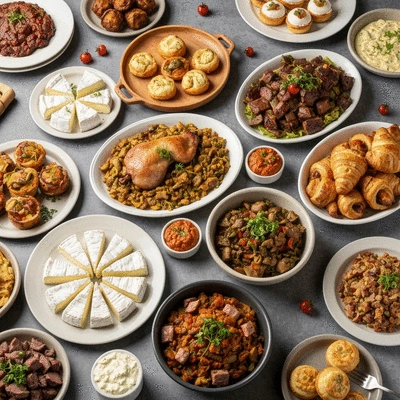 Buffet varié et coloré avec des plats régionaux français, no text, no words, no typography, 8K, high resolution