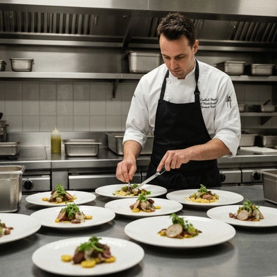 Chef preparing a personalized wedding menu in a professional kitchen, showcasing fresh local ingredients
