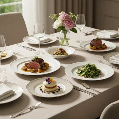 Elegant table setting with various gourmet dishes