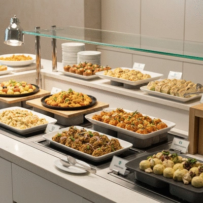 Diverse buffet spread with clear allergen labels and vegetarian options, elegant presentation, no text, no words, no typography, clean image