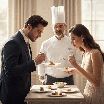 Couple élégant dégustant des plats préparés par un traiteur lors d'un essai de menu de mariage, avec un chef en arrière-plan, ambiance raffinée et lumineuse