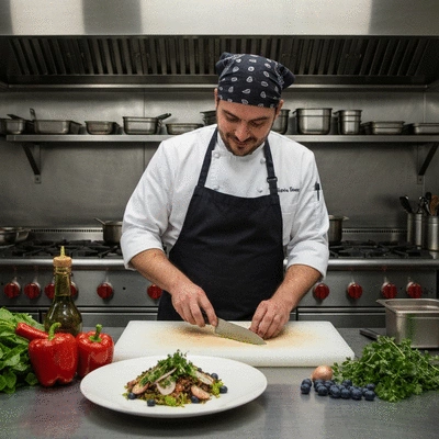 Chef preparing a gourmet dish with fresh local ingredients in a professional kitchen, no text, no words, no typography, 8K, natural lighting
