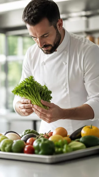 Chef inspecting fresh produce in a professional kitchen
