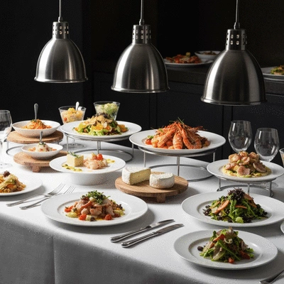 Elegant corporate buffet with modern French cuisine, focus on presentation and fresh ingredients