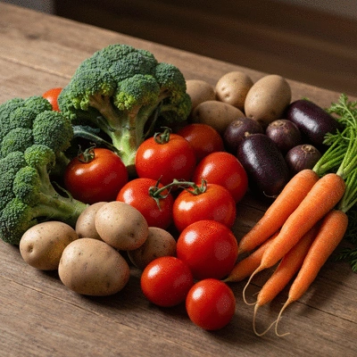 Fresh organic vegetables on a rustic wooden table, ready for cooking