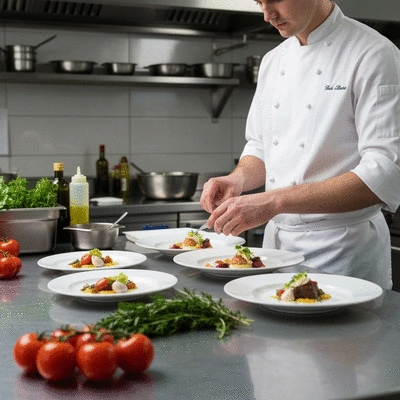 Chef preparing elegant wedding dishes in a professional kitchen, no text, no words, no typography, 8K