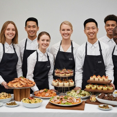 Équipe de traiteurs souriante présentant un buffet élégant pour un événement professionnel